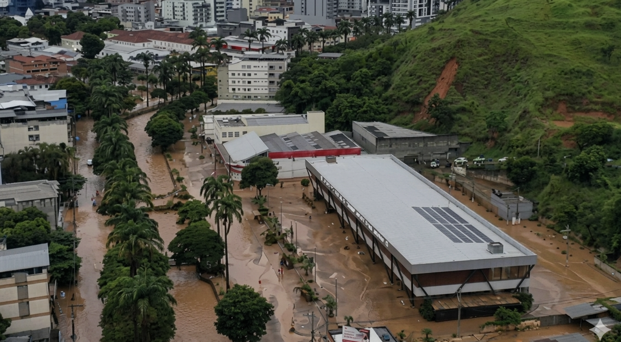 Enchente Ubá Imagem aérea mostra Ubá debaixo d'água em 24.2.2026. Foto Divulgação